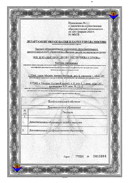 Приложение к лицензии Высшей школы экспертизы и права